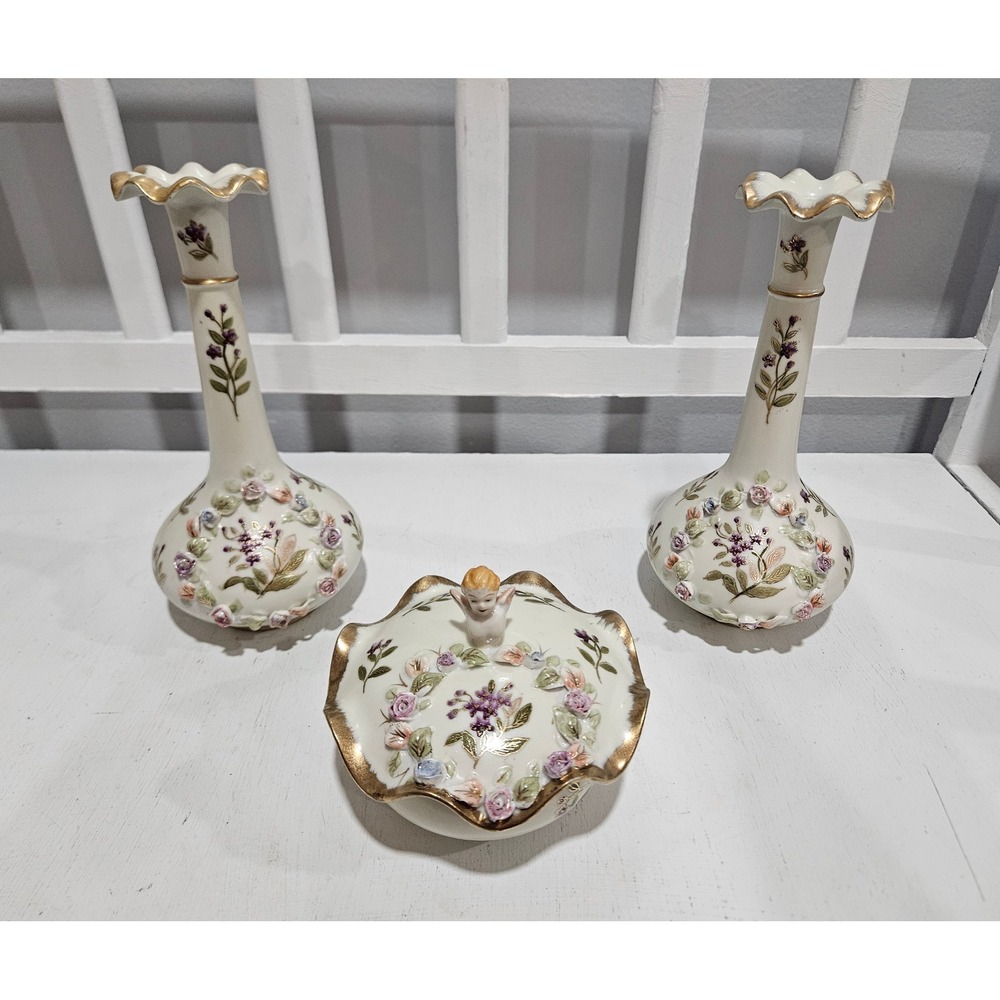 Mid-Century Lenwile Ardalt Japan Handpainted Porcelain Cherub Vanity Set, 6958